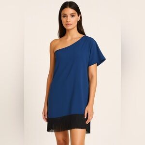 Trina Turk Navy One-Shoulder Blouse Fringe, Ice Blue, Cutout